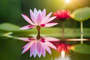 roze lotus bloem in de water met groen bladeren. ai-gegenereerd foto