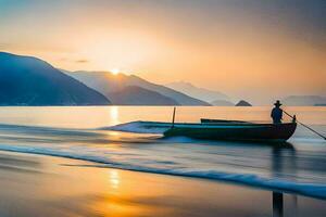 een Mens in een boot Aan de strand Bij zonsondergang. ai-gegenereerd foto