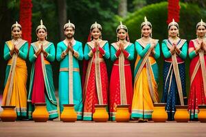 een groep van Dames in kleurrijk outfits staand De volgende naar elk ander. ai-gegenereerd foto