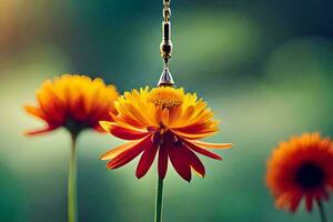 een geel bloem met een laten vallen van water hangende van het. ai-gegenereerd foto