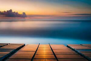 een houten dok in de oceaan Bij zonsondergang. ai-gegenereerd foto