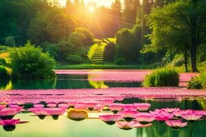 roze lotus bloemen in de water Bij zonsondergang. ai-gegenereerd foto