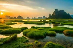 de li rivier, China, bergen, water, groente, landschap, natuur, hd. ai-gegenereerd foto