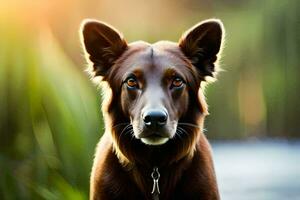 een bruin hond met een halsband Aan is op zoek Bij de camera. ai-gegenereerd foto