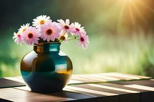 een vaas van bloemen Aan een tafel in de zon. ai-gegenereerd foto