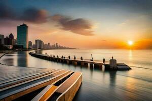de zon sets over- de water en een pier in voorkant van een stad. ai-gegenereerd foto