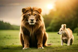 een leeuw en een hond zijn staand in de gras. ai-gegenereerd foto