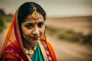 een Indisch vrouw in traditioneel kleding. ai-gegenereerd foto