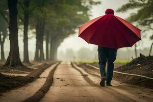 een Mens wandelen naar beneden een aarde weg met een rood paraplu. ai-gegenereerd foto