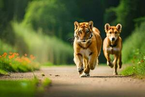 twee tijgers rennen naar beneden een aarde weg. ai-gegenereerd foto