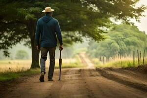 een Mens wandelen naar beneden een aarde weg met een paraplu. ai-gegenereerd foto