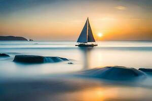 een zeilboot is het zeilen in de oceaan Bij zonsondergang. ai-gegenereerd foto