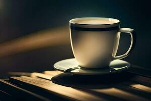 een kop van koffie Aan een houten tafel. ai-gegenereerd foto