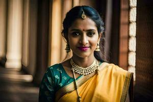 een mooi Indisch vrouw in een geel sari. ai-gegenereerd foto