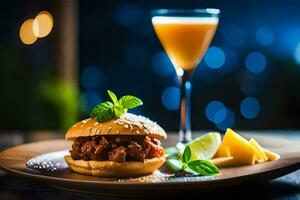 een hamburger en drinken Aan een houten bord. ai-gegenereerd foto