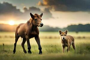 een paard en een hond zijn wandelen in een veld. ai-gegenereerd foto