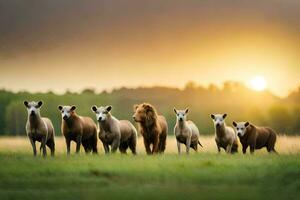 een leeuw en een kudde van schapen in een veld. ai-gegenereerd foto