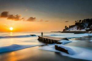 een Mens staat Aan een pier op zoek Bij de zon instelling over- de oceaan. ai-gegenereerd foto