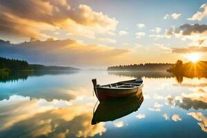 een boot zit Aan de kalmte water Bij zonsondergang. ai-gegenereerd foto