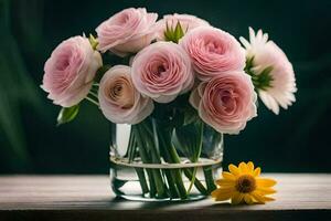roze rozen in een vaas Aan een tafel. ai-gegenereerd foto