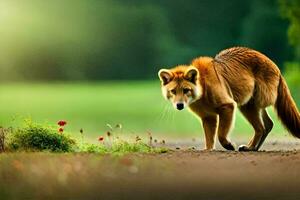 een rood vos wandelen Aan een aarde weg. ai-gegenereerd foto