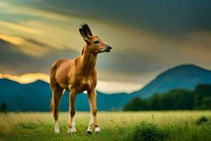 een bruin paard staand in een veld- met bergen in de achtergrond. ai-gegenereerd foto