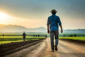 een Mens wandelen naar beneden een aarde weg met een hoed Aan. ai-gegenereerd foto