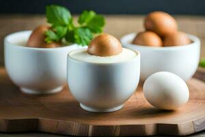 eieren in cups Aan een houten bord. ai-gegenereerd foto