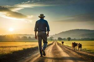 Mens wandelen Aan een aarde weg met koeien. ai-gegenereerd foto