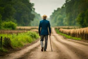 een Mens in een pak en hoed wandelen naar beneden een aarde weg. ai-gegenereerd foto