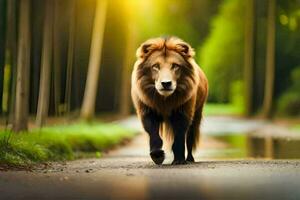 een leeuw wandelen naar beneden een weg in de Woud. ai-gegenereerd foto