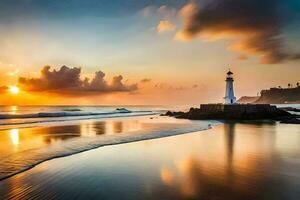 de vuurtoren Bij zonsondergang Aan de strand. ai-gegenereerd foto