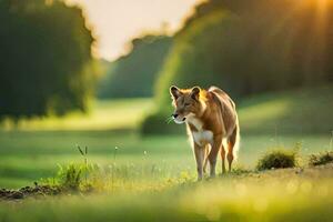 een leeuw wandelen in de gras Bij zonsondergang. ai-gegenereerd foto