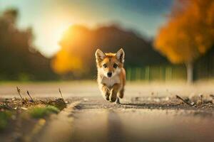 een vos rennen Aan de weg Bij zonsondergang. ai-gegenereerd foto