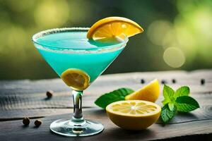 blauw cocktail met citroen en munt Aan een houten tafel. ai-gegenereerd foto
