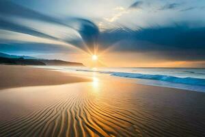 een zonsondergang over- de oceaan met golven en zand. ai-gegenereerd foto