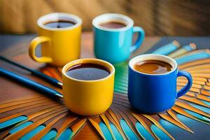 drie koffie cups met verschillend kleuren Aan een tafel. ai-gegenereerd foto