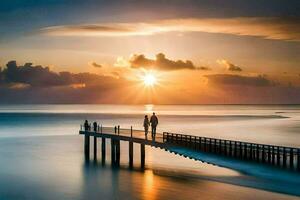 de zon stijgt over- de oceaan en pier. ai-gegenereerd foto