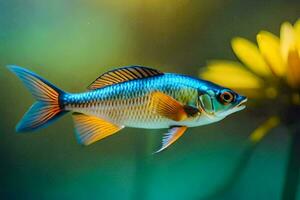 een vis met blauw en oranje strepen is zwemmen in de water. ai-gegenereerd foto