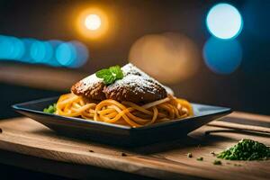 een bord van spaghetti met gehaktballen en een vork. ai-gegenereerd foto