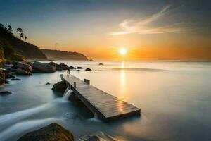 de zon stijgt over- de oceaan en een houten dok. ai-gegenereerd foto