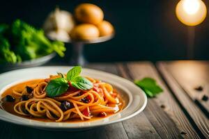 spaghetti met tomaat saus en basilicum bladeren Aan een bord. ai-gegenereerd foto
