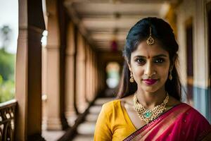 mooi Indisch bruid in roze sari. ai-gegenereerd foto