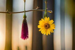 twee bloemen hangende van een Afdeling met de zon instelling achter hen. ai-gegenereerd foto