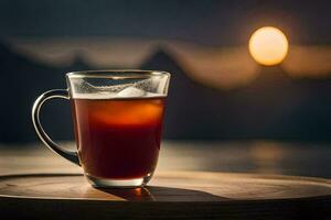 een glas van thee Aan een tafel in voorkant van een zonsondergang. ai-gegenereerd foto