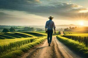 Mens wandelen Aan een aarde weg in een veld. ai-gegenereerd foto