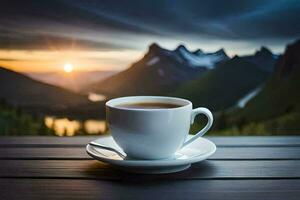 een kop van koffie Aan een houten tafel in voorkant van een berg visie. ai-gegenereerd foto