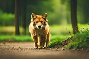 een rood vos wandelen Aan een aarde weg in de bossen. ai-gegenereerd foto