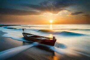 een boot Aan de strand Bij zonsondergang. ai-gegenereerd foto