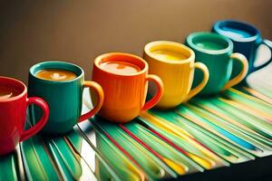 een rij van kleurrijk koffie cups Aan een tafel. ai-gegenereerd foto